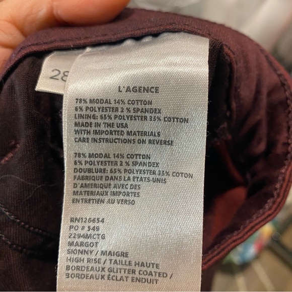 L'Agence Jeans Womens Size‎ 28 Margot High Waist Bordeaux Glitter Coated Skinny - Picture 7 of 12